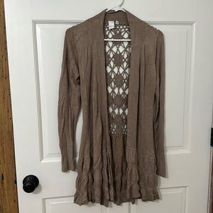 Brown size small Cardigan with crocheted back and ruffled bottom